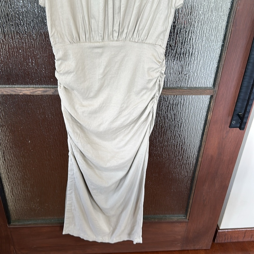 Anthropologie Tan Ruched Maxi Dress with Mandarin Collar size Mefium - Picture 9 of 12